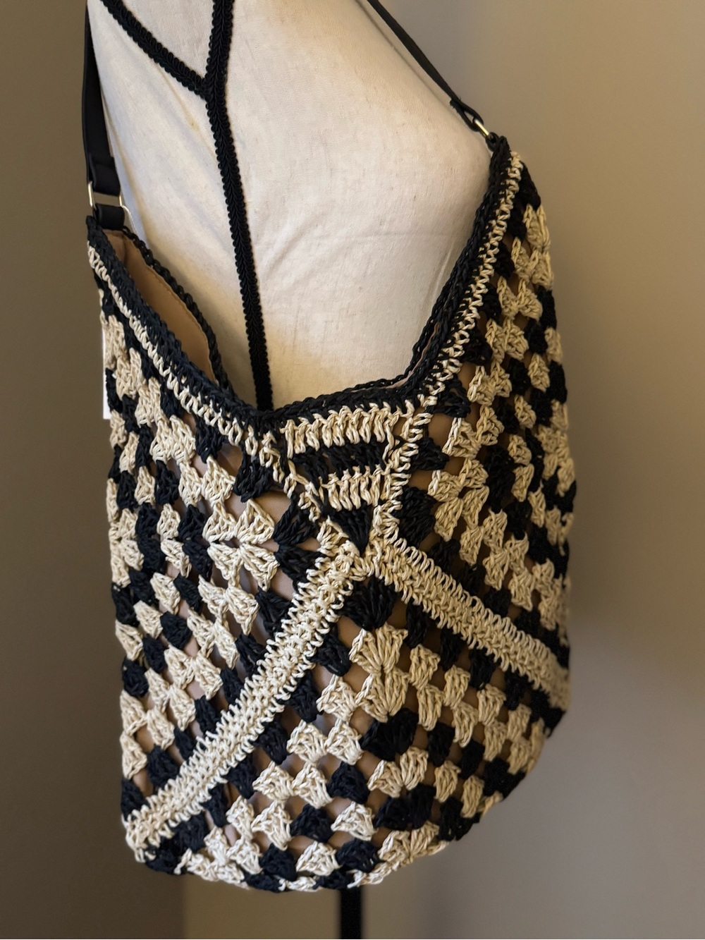 Vici Black and Cream Crochet Hobo Tote